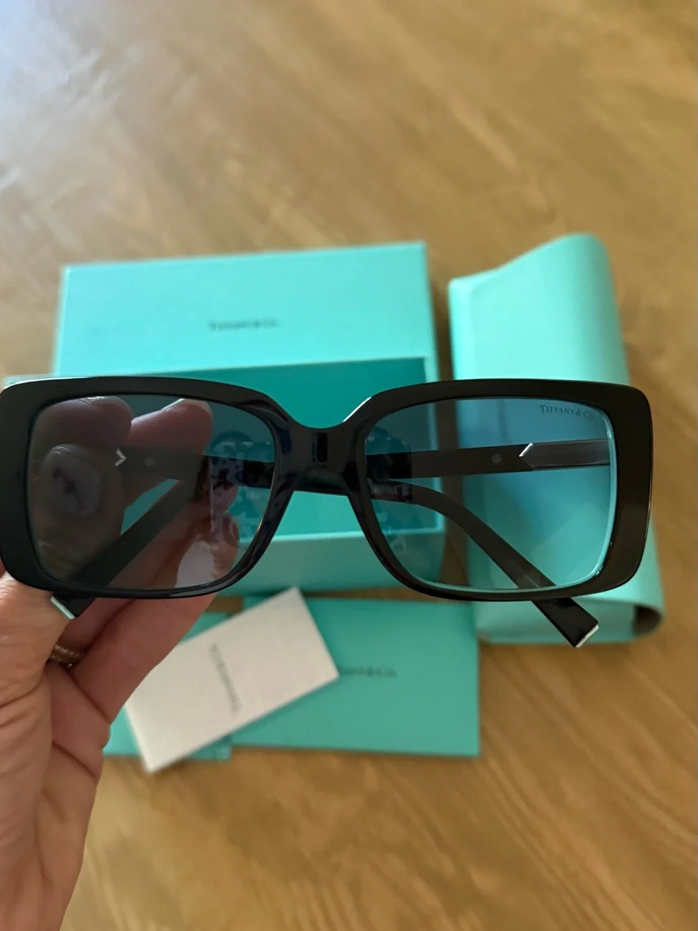 Tiffany & Co. Black Rectangular Sunglasses with Blue Gradient Lenses